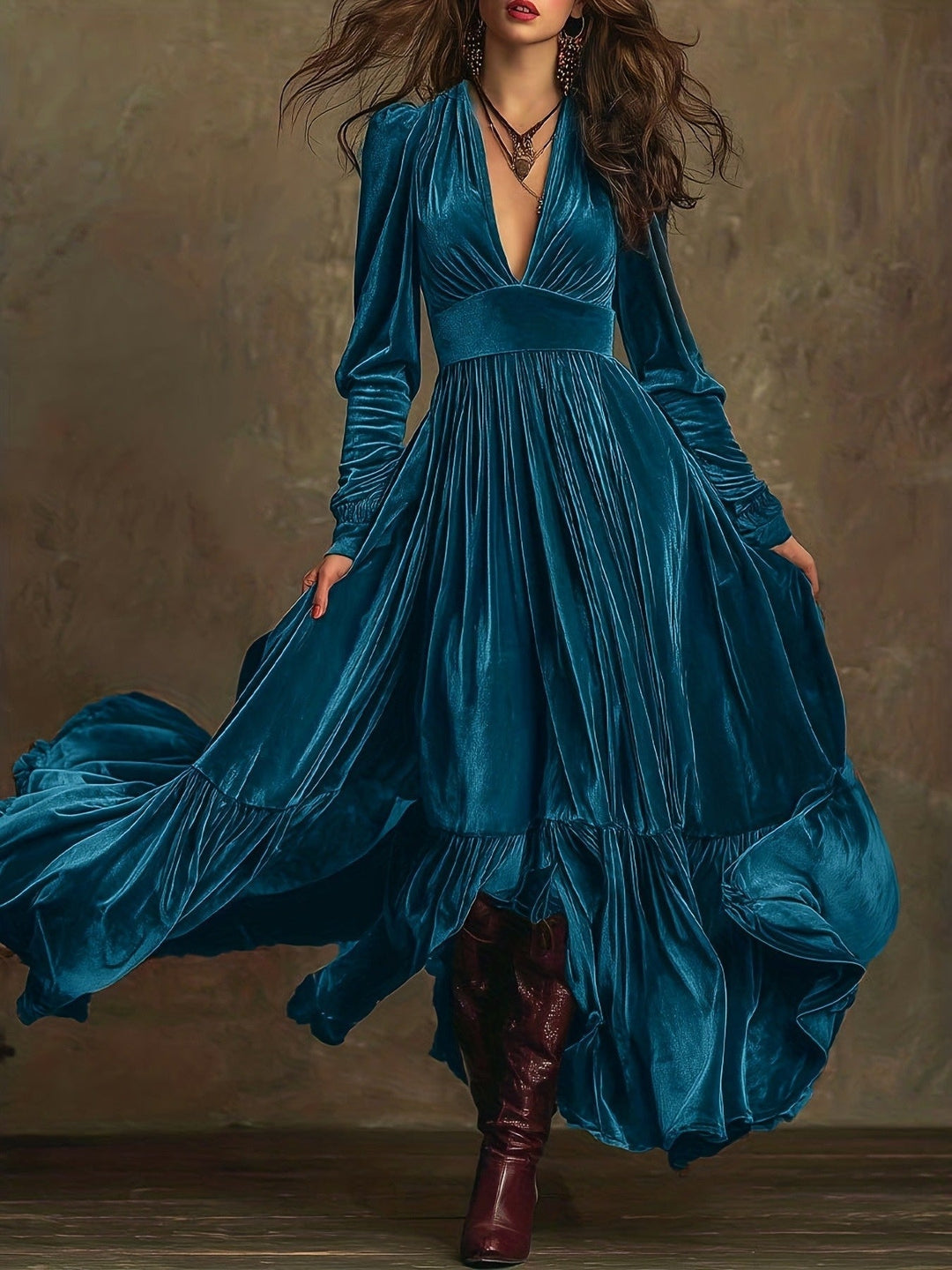 SERAFINA | RETRO OVERSIZED SKIRT LONG DRESS WITH DEEP V-NECK