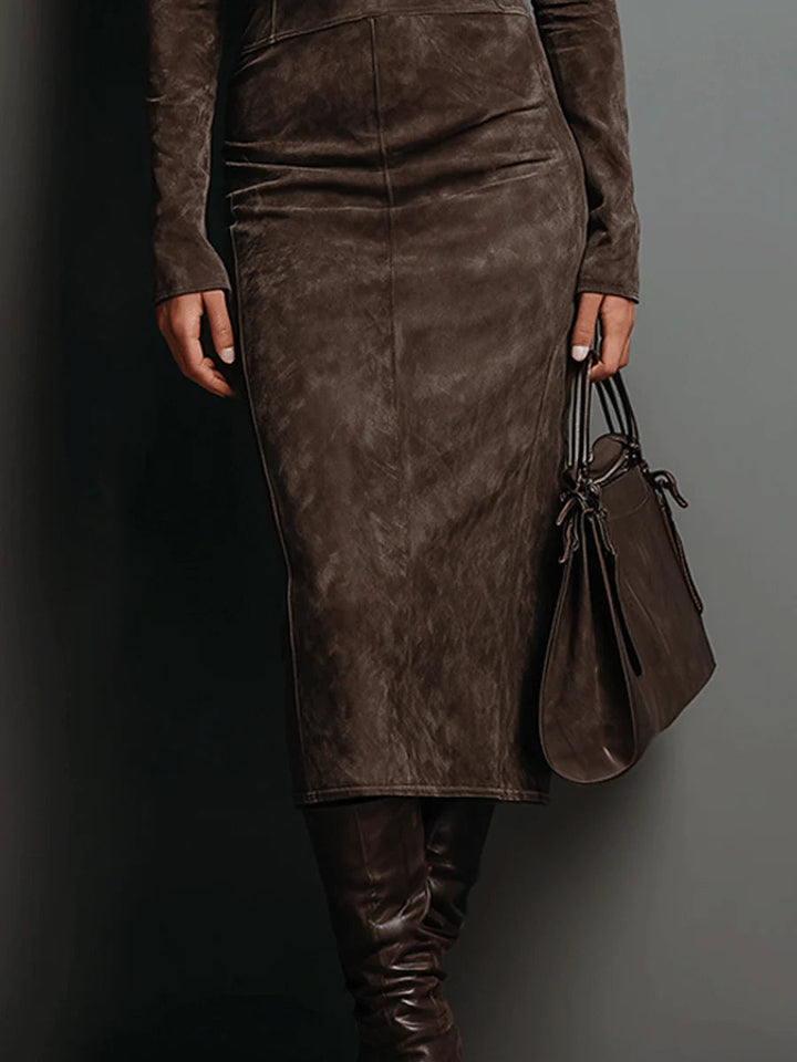 Seraphina | High Neck Long Sleeve Suede Midi Dress