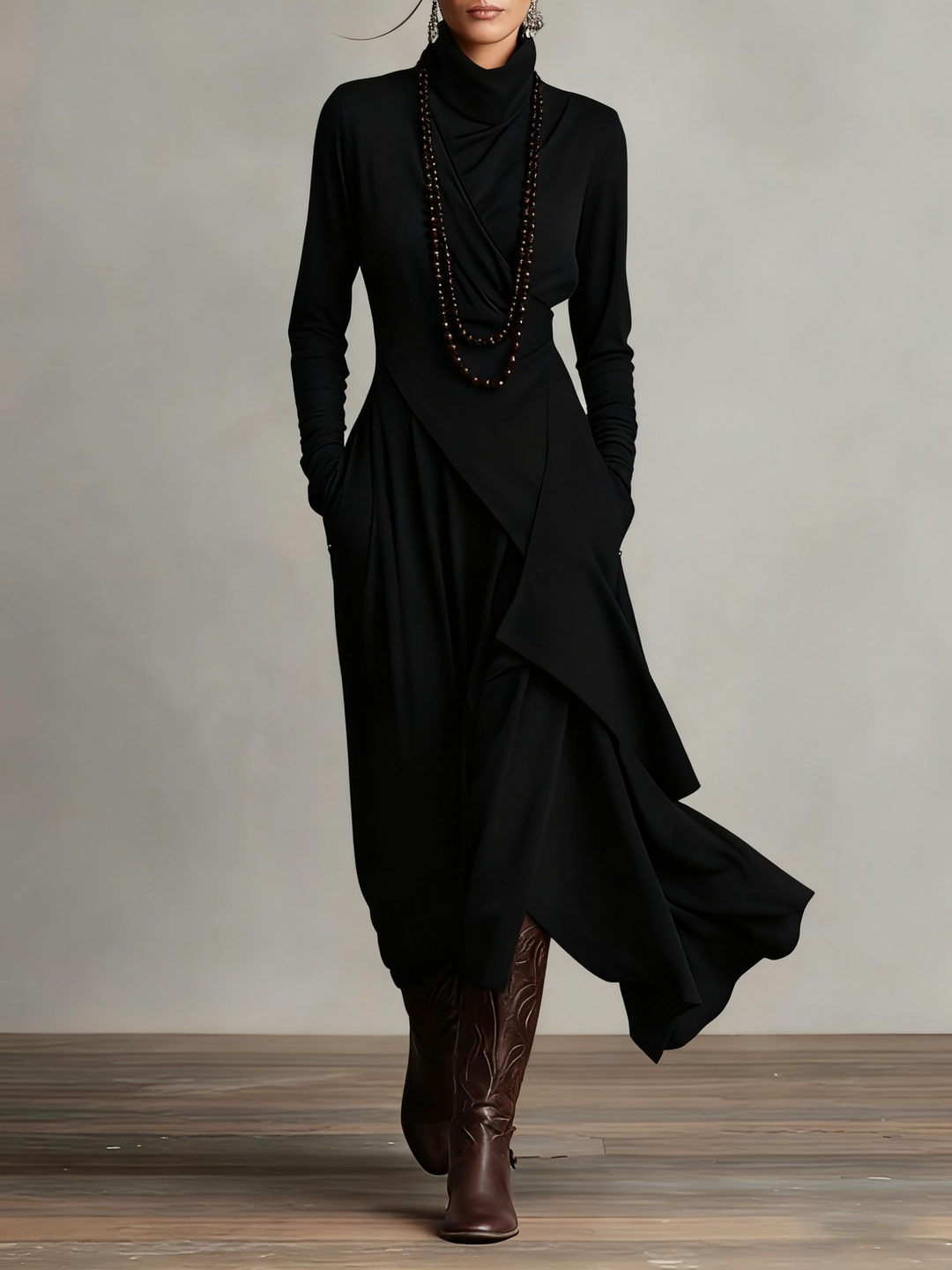 Irene | High-neck Asymmetrical Pleated Dress