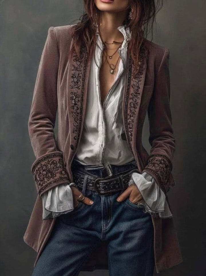 Erica | Long Vintage Velvet Jacket with Embroidery